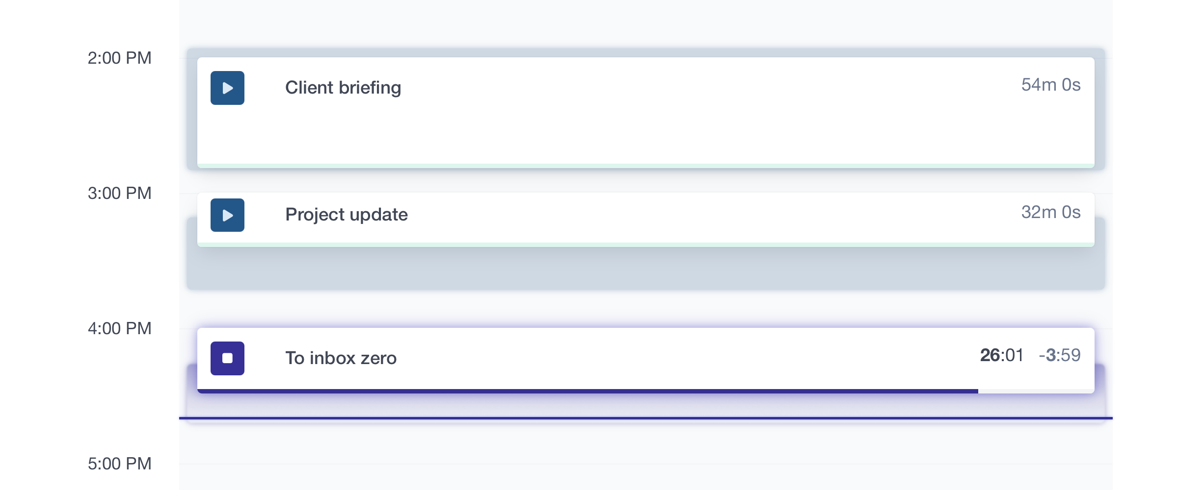 Timist calendar view with time blocks scheduled across a workday, one block actively tracking with a progress bar