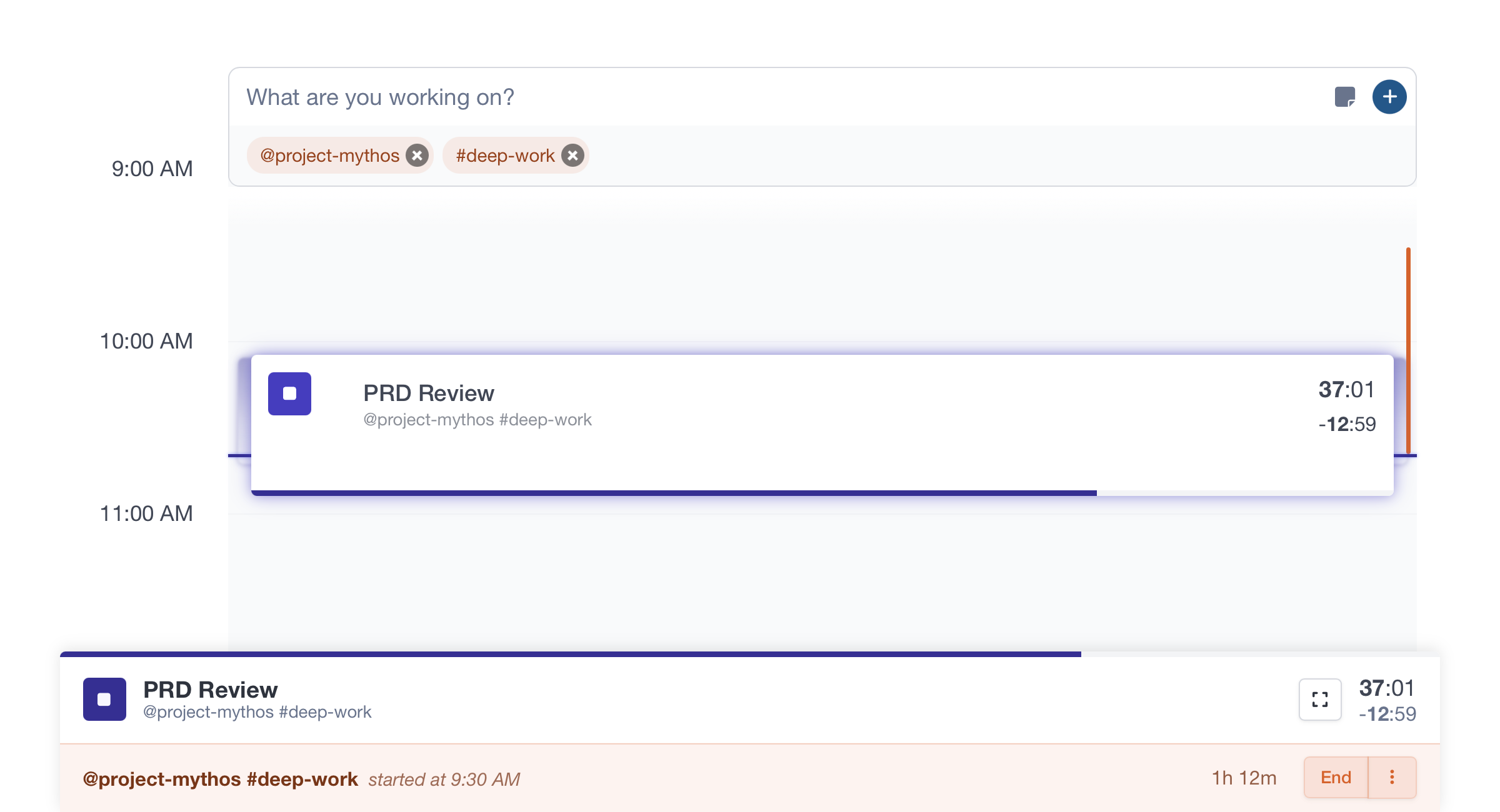 Context timer running in the bottom bar with an orange indicator, calendar showing context bars alongside time blocks