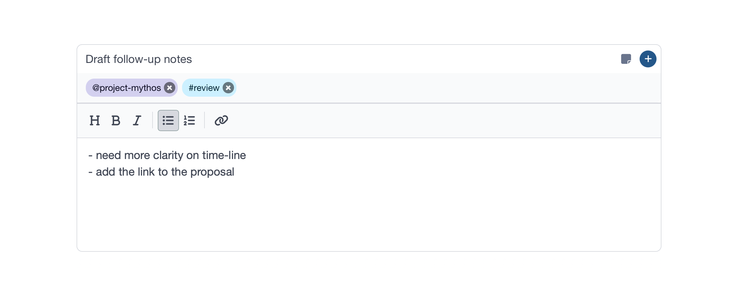 Timist block creation — single input with project and tag autocomplete, expanded to show markdown notes editor