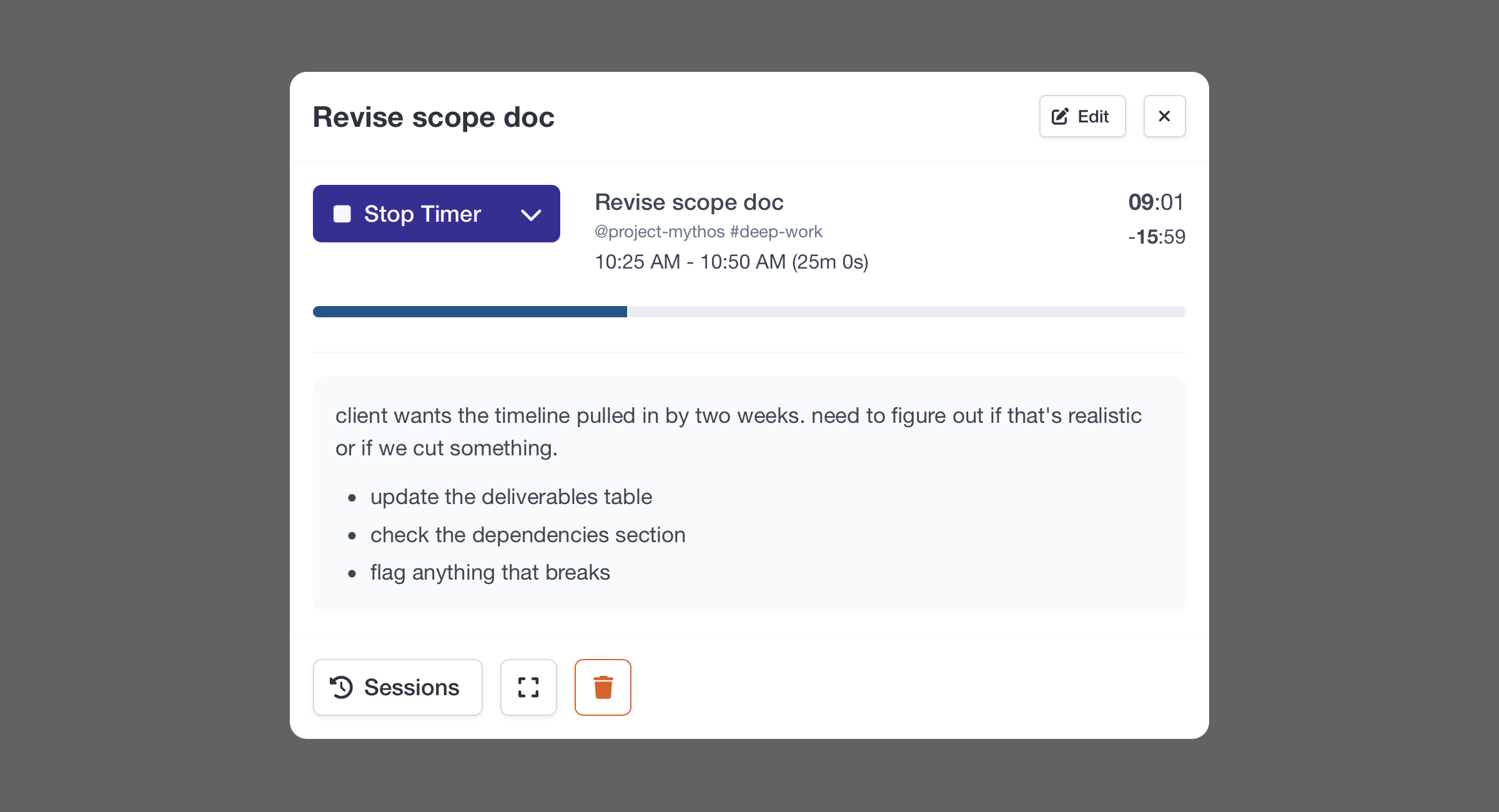 Timer detail showing project label, tags, and expanded markdown notes with formatting